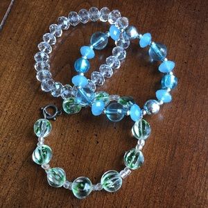 Set of 3 glass bead bracelets clear blue and green